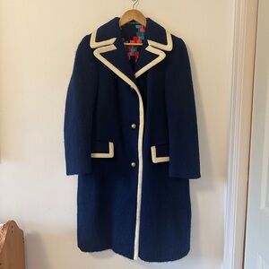 Lodenfrey Vintage Blue Wool Coat with Cream Trim